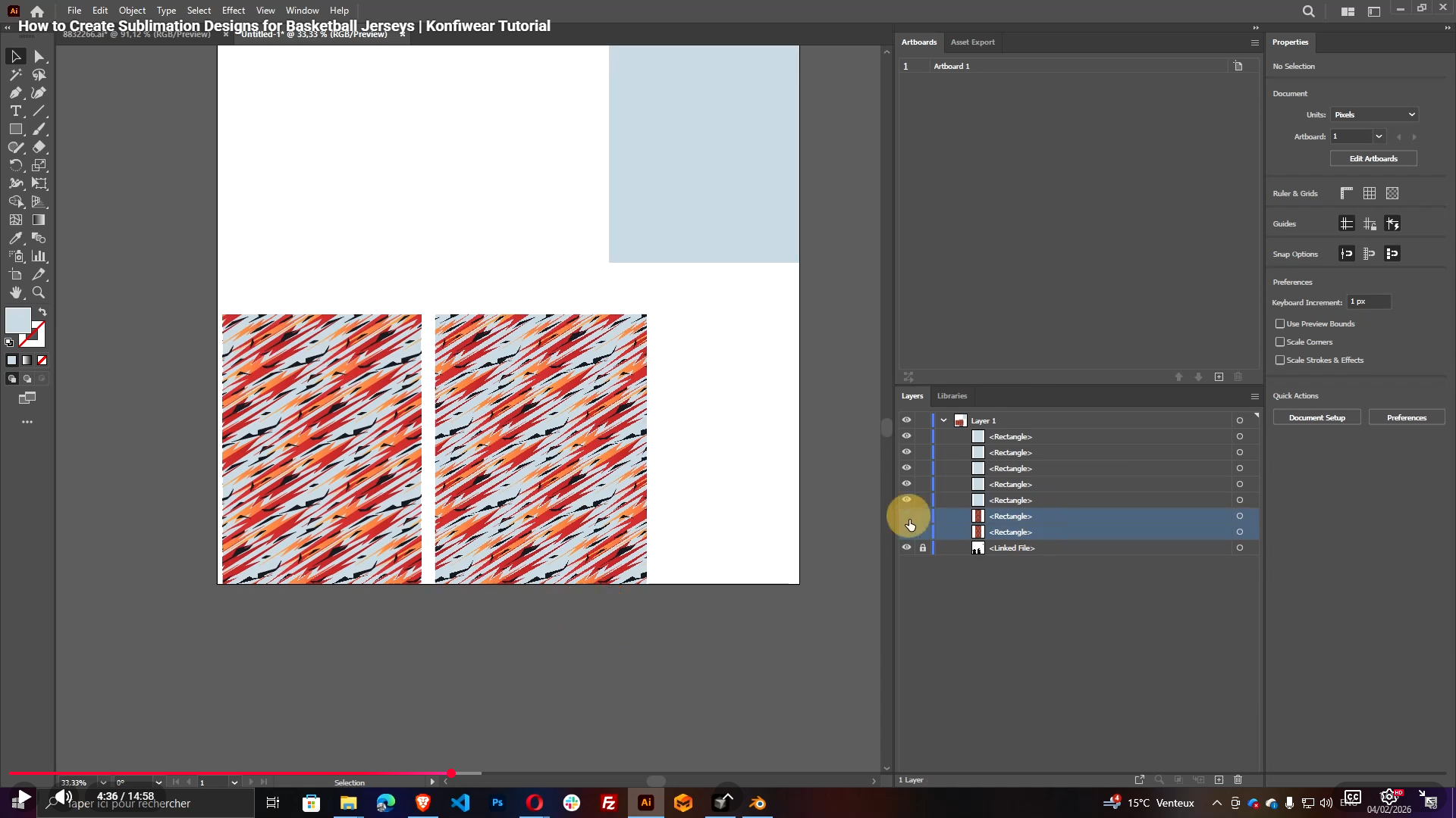 Illustrator workspace showing Freepik design elements positioned over basketball jersey UV panels